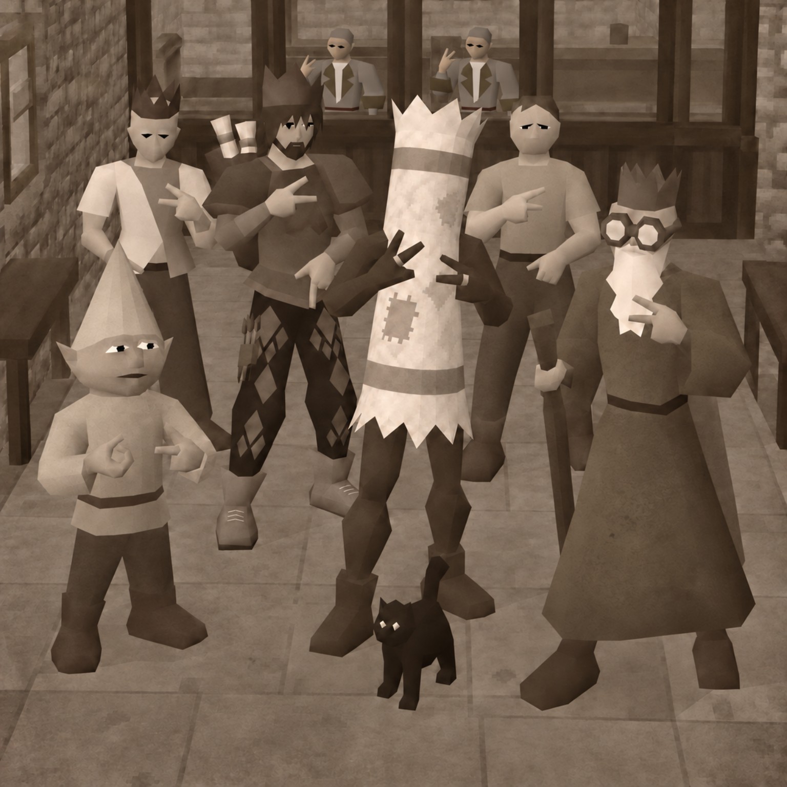 CRACKER and the bank crew posing together in a sepia community portrait